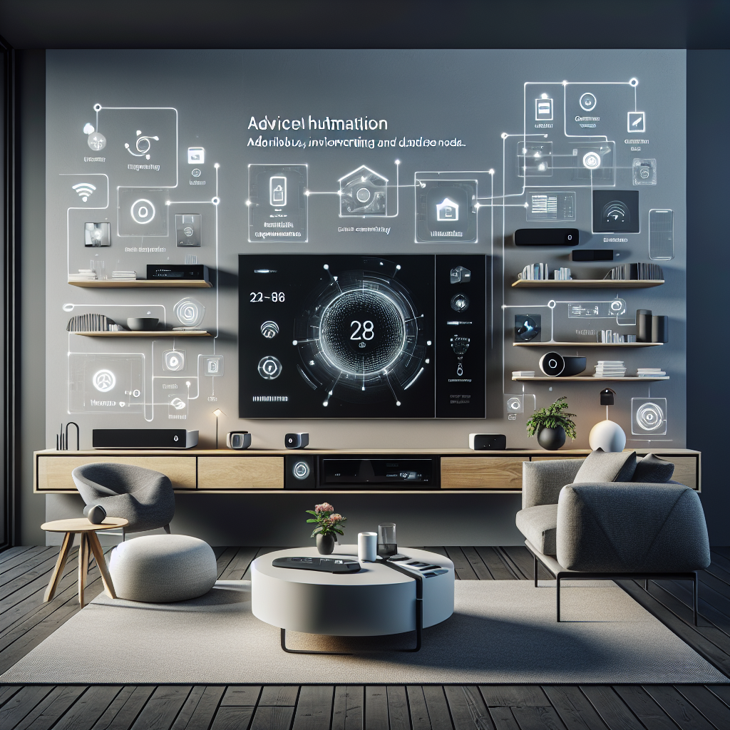 "Smart home devices showcasing the future of automation, featuring a smart thermostat, connected lighting, and voice-activated assistant in a modern living room setting, illustrating innovations in home connectivity."